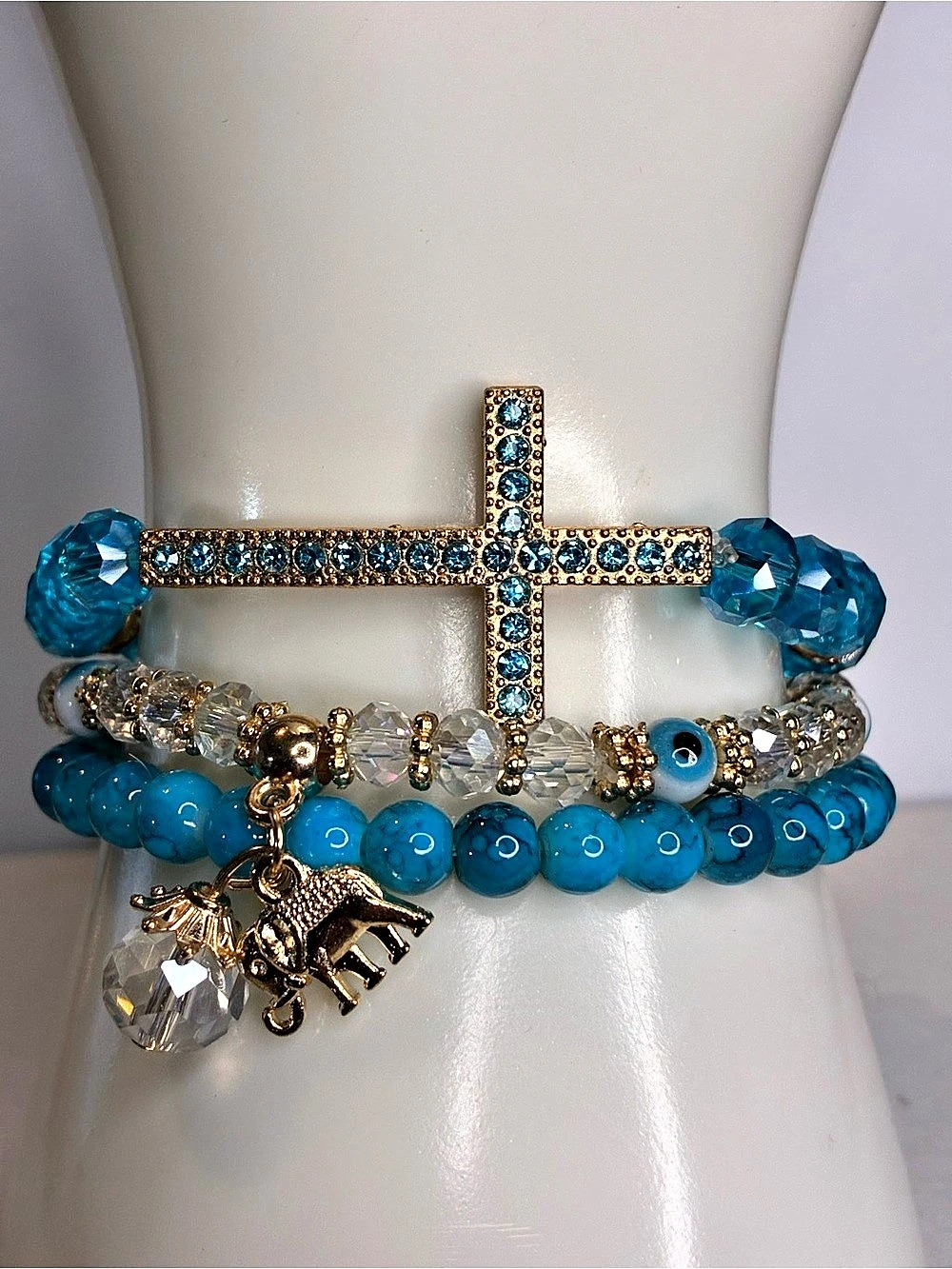 Blue & Gold Cross Charm Bracelet Stack NWOT